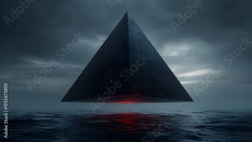 Surreal floating massive black metallic pyramid with glowing red base over dark stormy ocean 3D render