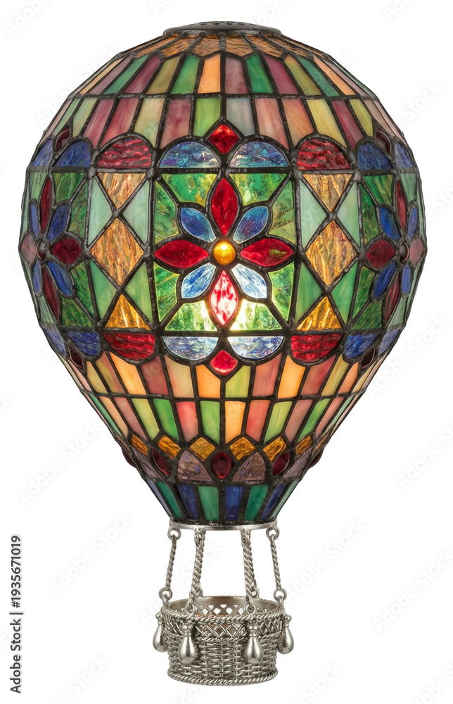Fototapeta premium glowing stained glass mosaic lamp shaped like a hot air balloon with a metal basket