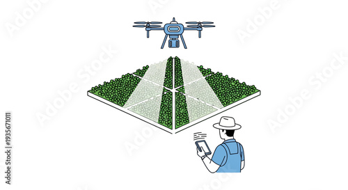 Isometric illustration of a farmer using a tablet with a drone flying over a green farm field showcasing smart farming technology and agrotech