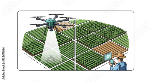 An illustration of smart farming technology with a drone flying over a green farm while a person monitors the process on a tablet in a modern agricultural setting
