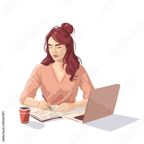 Female freelancer studying and taking notes at workspace, modern vector character
