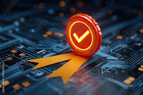 Glowing checkmark award on circuit board background