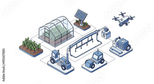 Isometric illustration of smart farming technology with a drone, greenhouse, solar panel, and farm equipment on a networked urban farm with green plants