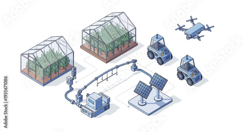 Modern agricultural illustration of smart farming technology with drone, robots, and solar panels in an urban setting
