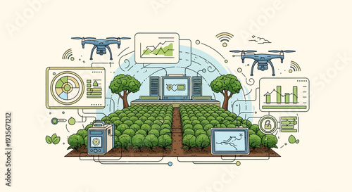 Modern agricultural illustration of smart farming technology with drones and network systems in an urban green farm setting