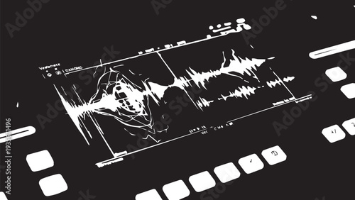 Close-up of digital audio waveform display on mixing console screen.