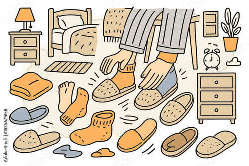 Cozy Slipper Scene. Putting on slippers. Hand-drawn doodle illustration slippers (colored), feet (colored), hands (colored), socks (colored), chair (colored),