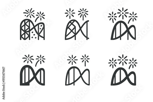 May Day Amusement Logos. May day at an amusement park. Icon set. Set Logo of May day at an amusement park: roller coaster with spring fireworks. harmonious