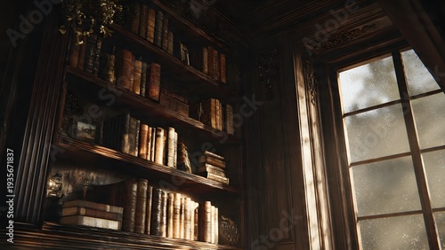 Empty dark academia classic library corner with vintage books and warm light from rainy window 3D render