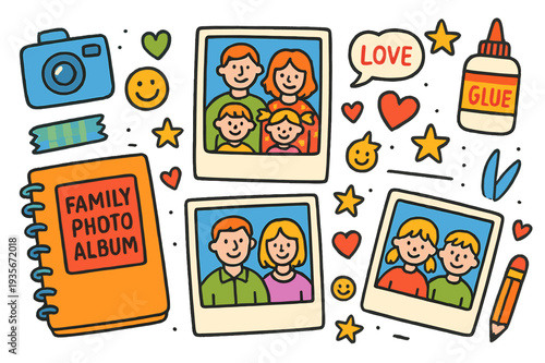 Colorful Family Memories. Family photo album. Colorful Hand-drawn doodle Children illustration Family photo album scrapbook, stickers, camera, hearts, Polaroid