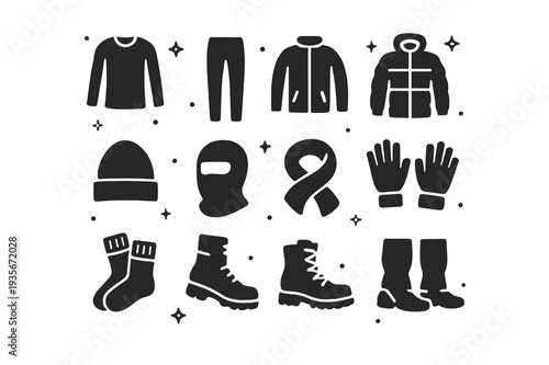 Cold Weather Gear Icons. Cold weather clothing layers. Solid icons set of Cold weather clothing layers: base layer top, base layer leggings, midlayer fleece,