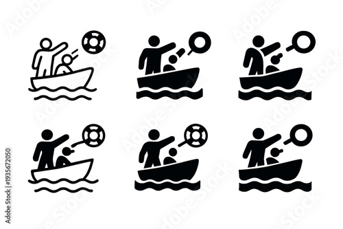 Rescue Icons Collection. Police officers and first responders in action. Icon set. Set Logo of police officers and first responders in action: water rescue