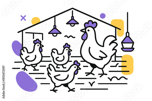 Geometric Poultry Farm. Poultry Farm. Wide view of poultry house with chickens walking under soft light and floating abstract geometric shapes, clean and