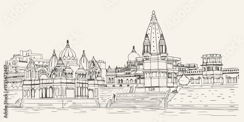 Detailed sketch of a traditional indian temple complex with surrounding structures