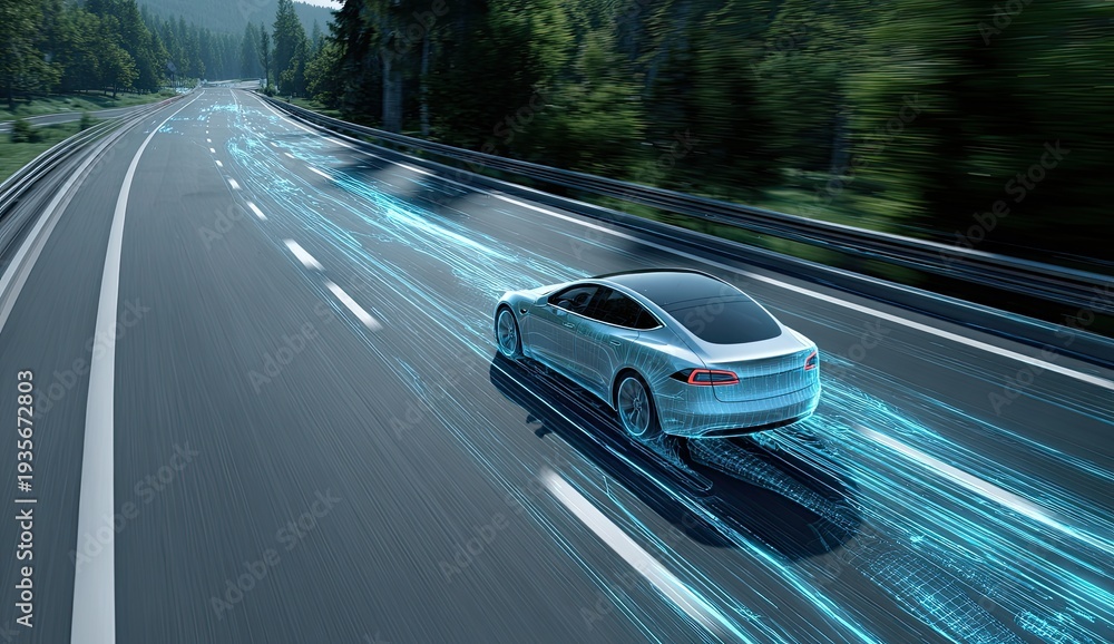 Naklejka premium Futuristic electric car speeds down highway with glowing digital trails