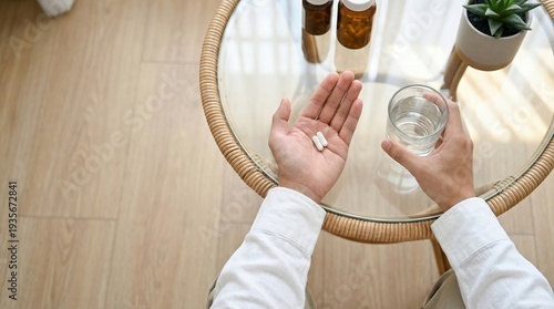 Person holding two white capsules in palm with glass of water on wicker glass table and medicine bottles nearby, calm neutral mood, overhead pov, natural light, home interior