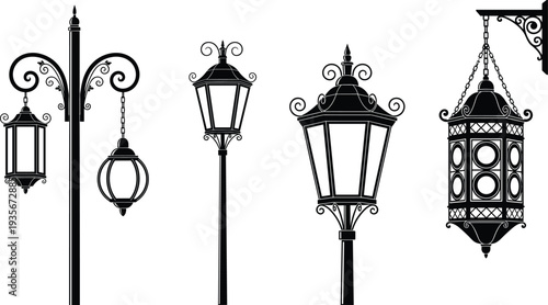 Vintage ornate street lamps, decorative lantern posts, antique urban lighting, classical architectural designs, elegant wrought iron scrollwork, historical outdoor lamp silhouettes