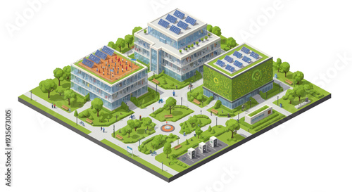 Sustainable Green City Buildings with Solar Panels and Rooftop Gardens - Isometric View