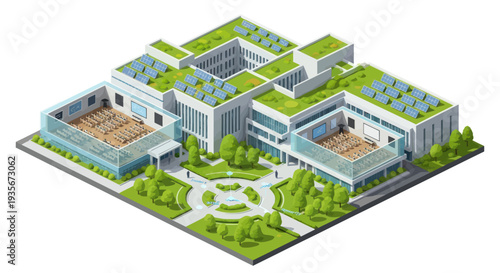 Modern Eco-Friendly Building with Green Roof and Solar Panels, Isometric View