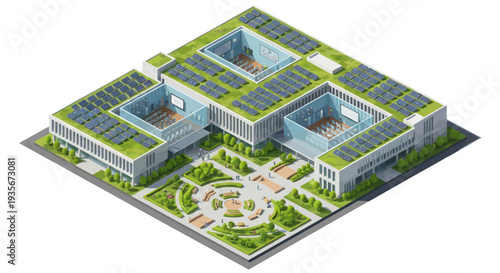 Modern Green Building with Solar Panels and Courtyards - Eco-Friendly Architecture