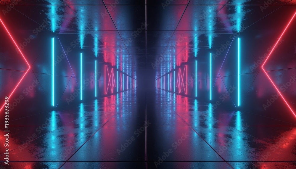 Fototapeta premium Futuristic corridor with vibrant neon lights reflecting on a sleek surface.
