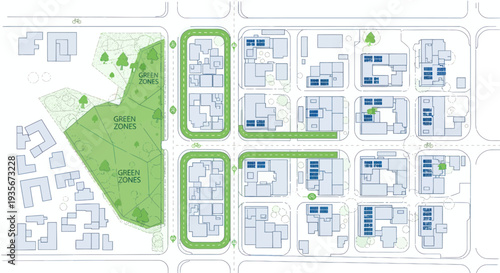 Urban planning aerial view with green spaces and modern buildings