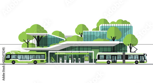 Modern Eco-friendly Public Transport Hub with Green Buses