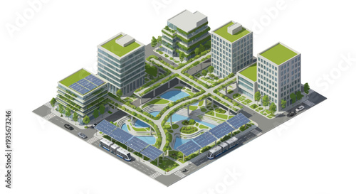 Eco-friendly city landscape with green buildings, solar panels, and sustainable urban design