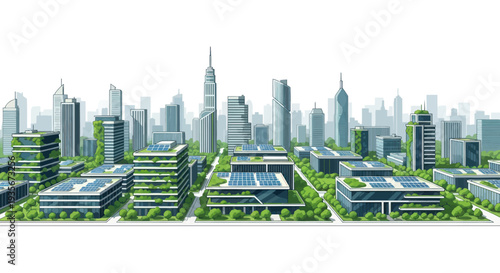 Modern Eco-Friendly Cityscape with Green Buildings and Solar Panels