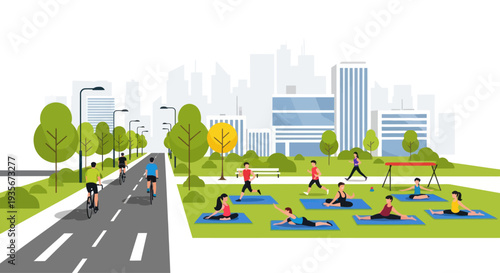 City park activities: people cycling and doing yoga outdoors with urban skyline.
