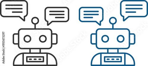 Modern chatbot and AI assistant line icons set. Featuring robot avatars, customer support bots, live chat bubbles, artificial intelligence and messaging concepts.