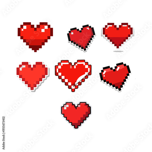 Set of 7 Red Pixel Art Heart Stickers in 8-Bit Retro Gaming Style, Various Pixelated Love Icons for Game Interface Design, Valentine's Day Graphics, and Digital Assets on White Background