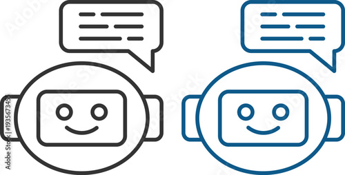 Modern chatbot and AI assistant line icons set. Featuring robot avatars, customer support bots, live chat bubbles, artificial intelligence and messaging concepts.