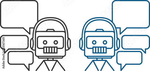 Modern chatbot and AI assistant line icons set. Featuring robot avatars, customer support bots, live chat bubbles, artificial intelligence and messaging concepts.
