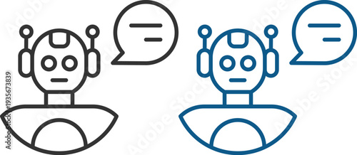 Modern chatbot and AI assistant line icons set. Featuring robot avatars, customer support bots, live chat bubbles, artificial intelligence and messaging concepts.