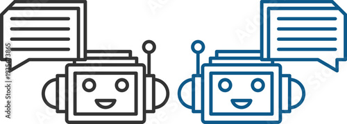Modern chatbot and AI assistant line icons set. Featuring robot avatars, customer support bots, live chat bubbles, artificial intelligence and messaging concepts.