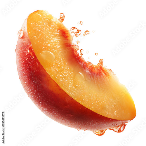 Juicy peach slice splashing water droplets isolated on a white background viewed from above