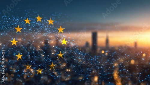 Digital connections overlaying a European cityscape at twilight