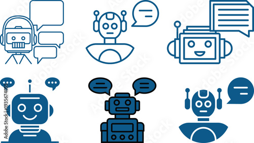 Modern chatbot and AI assistant line icons set. Featuring robot avatars, customer support bots, live chat bubbles, artificial intelligence and messaging concepts.