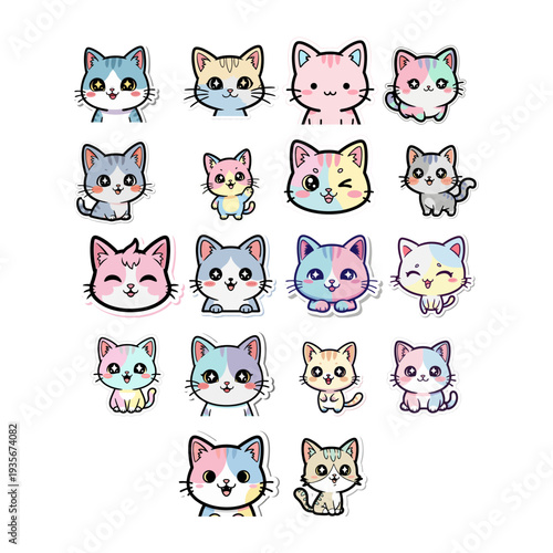 Cute cartoon cat sticker set in pastel colors. Variety of cheerful kittens with different expressions and poses