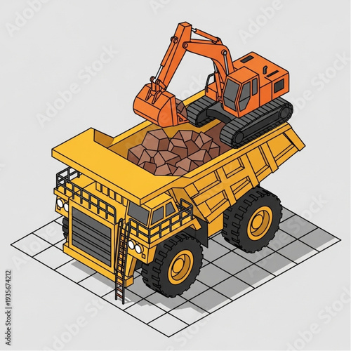 Heavy machinery dump truck with excavator on the back.