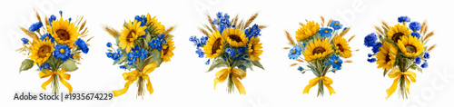 Five vibrant watercolor bouquets of sunflowers, cornflowers and wheat tied with yellow ribbons, symbolizing ukrainian patriotism, hope, resilience and peaceful remembrance