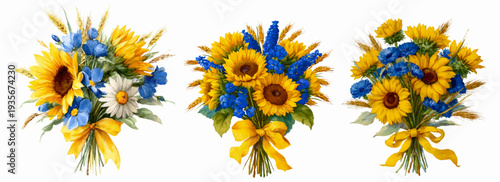 Three watercolor bouquets displaying sunflowers, wheat stalks, and blue flowers tied with yellow ribbons, symbolizing ukrainian national colors and heritage on a white background