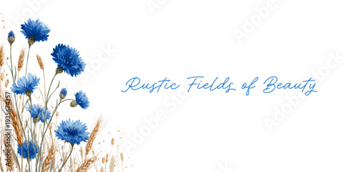 Cornflowers and wheat creating a rustic field border with elegant blue lettering, forming a beautiful watercolor design for country themes and natural beauty concepts