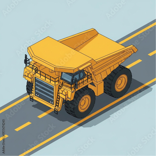 Yellow dump truck driving on a road with yellow lines.