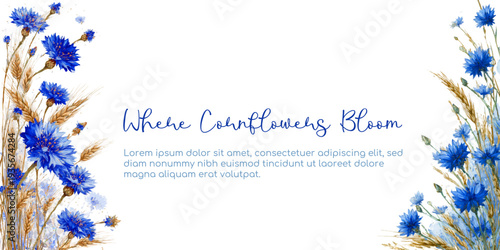 Watercolour illustration featuring vibrant blue cornflowers and golden wheat stalks arranged in a natural border on a clean white background, creating an elegant floral design
