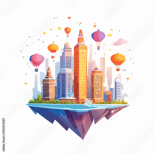 A vibrant cityscape on a floating island with hot air balloons ascending into the sky