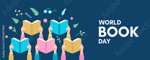 World Book Day Banner with People Reading Colorful Books, Modern Flat Vector Illustration on Blue Background