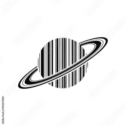 Stylized planet saturn with barcode design and prominent rings