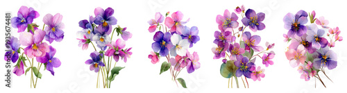 Watercolor floral bouquets collection featuring dainty purple, pink, and white pansy like blooms, hand painted on stems, creating beautiful botanical illustrations for design projects